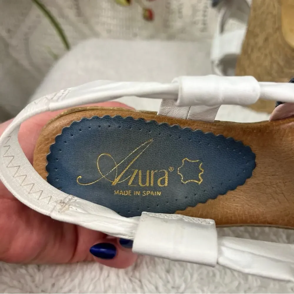 AZURA White Tan Patchwork Strap Wedge Criss-Cross Strap Leather Sandals‎ Sz 8/39